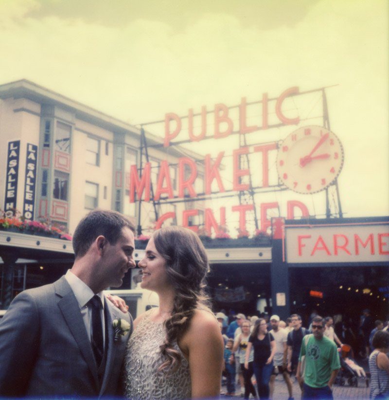 Polaroid of Bride and Groom at Pikes Place Market Seatlle