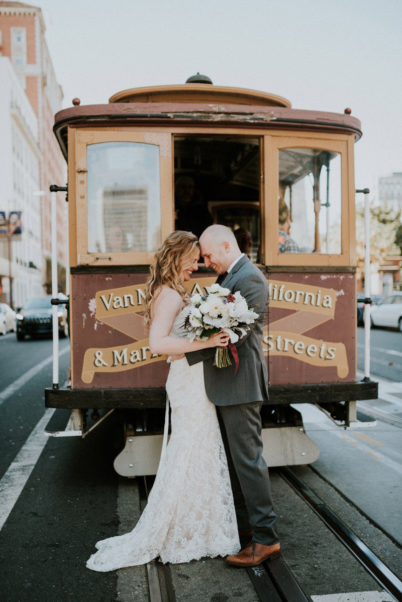 Bride + Groom with Cable Car in San Francisco