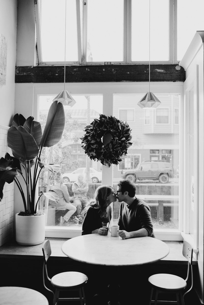San Francisco Engagement Session | Lifestyle Engagement Photo | Engagement photo at coffee shop | Fine art engagement photography | Black and white engagement photo